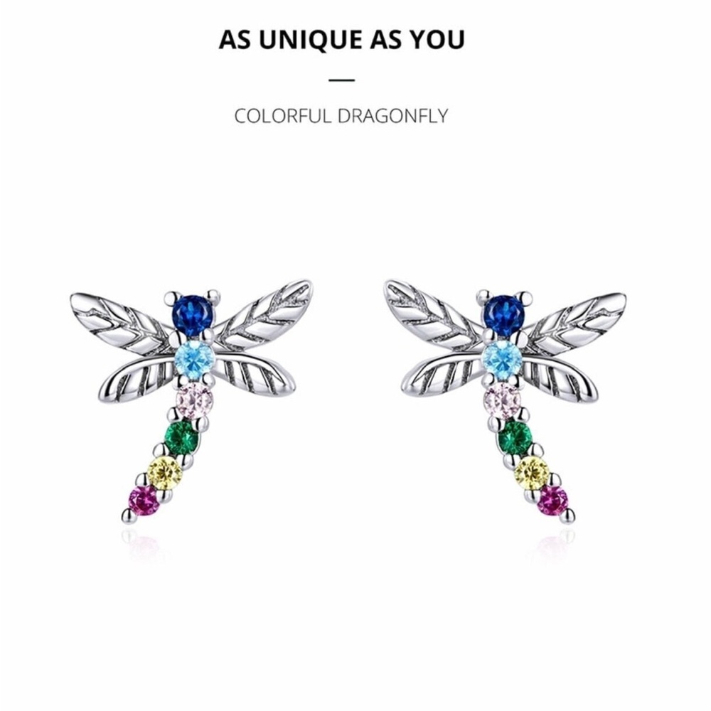 925 Sterling Silver Colorful Multiple Zircon Dragonfly Stud Earrings.
